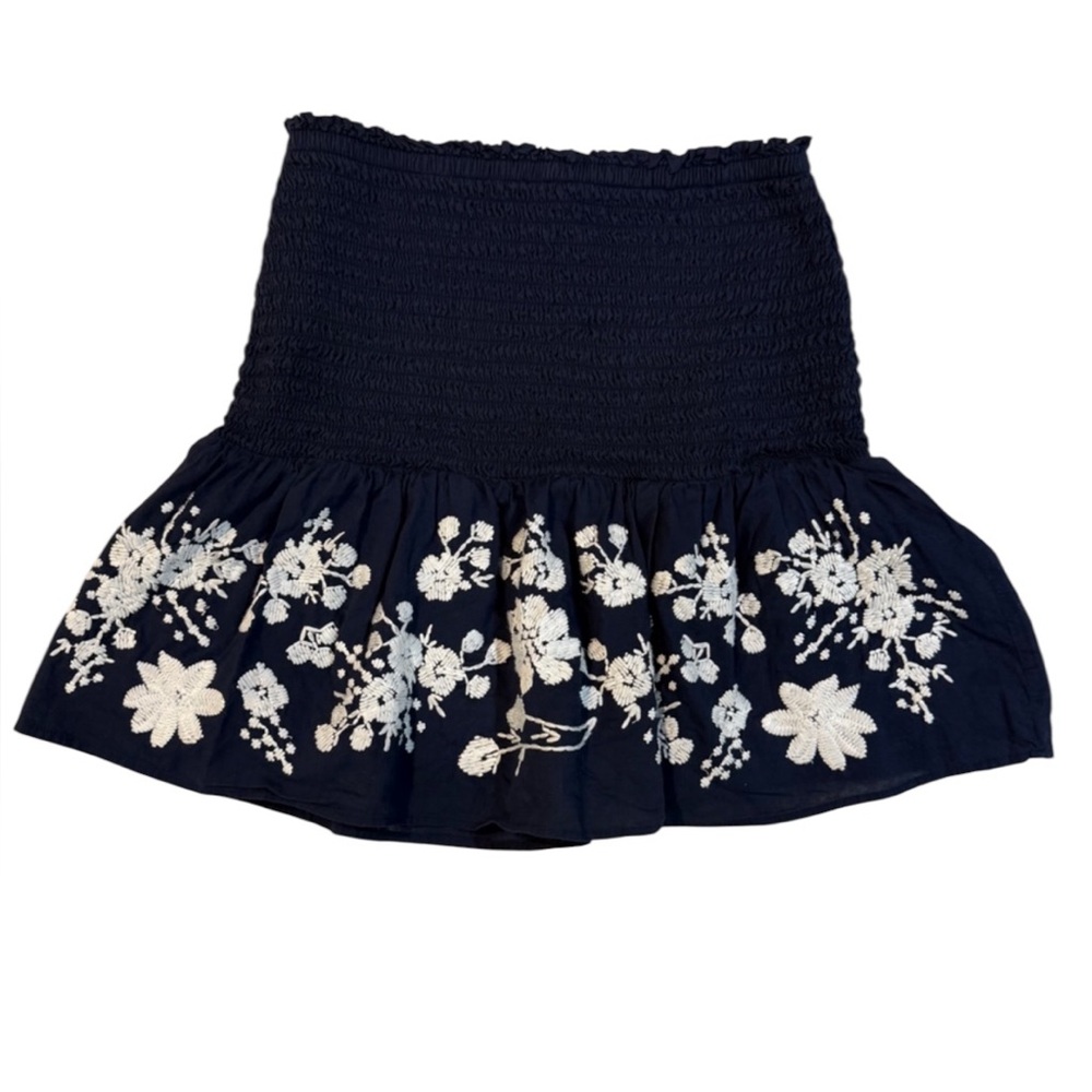 Point Sur Navy Blue Embroidered Smocked Skirt – XS